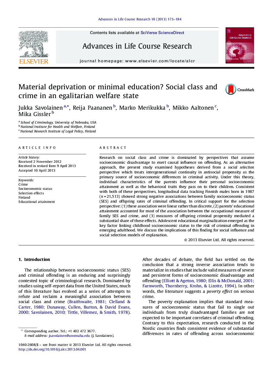 Material deprivation or minimal education? Social class and crime in an egalitarian welfare state