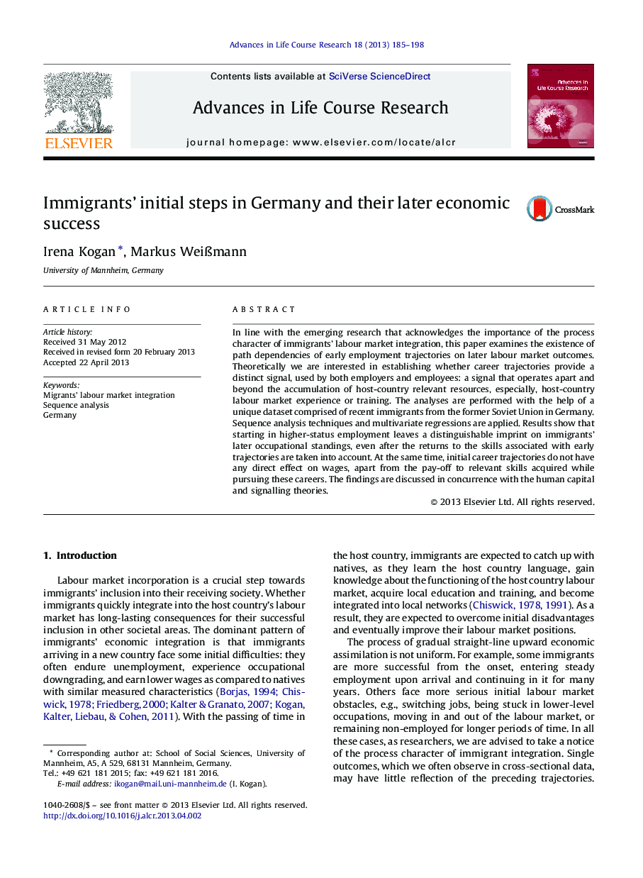 Immigrants' initial steps in Germany and their later economic success