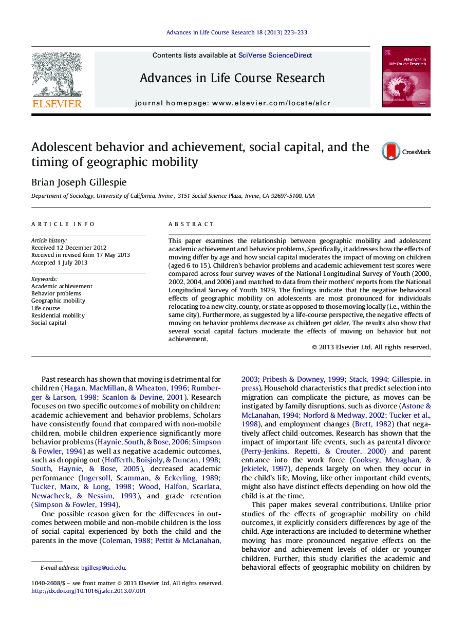 Adolescent behavior and achievement, social capital, and the timing of geographic mobility