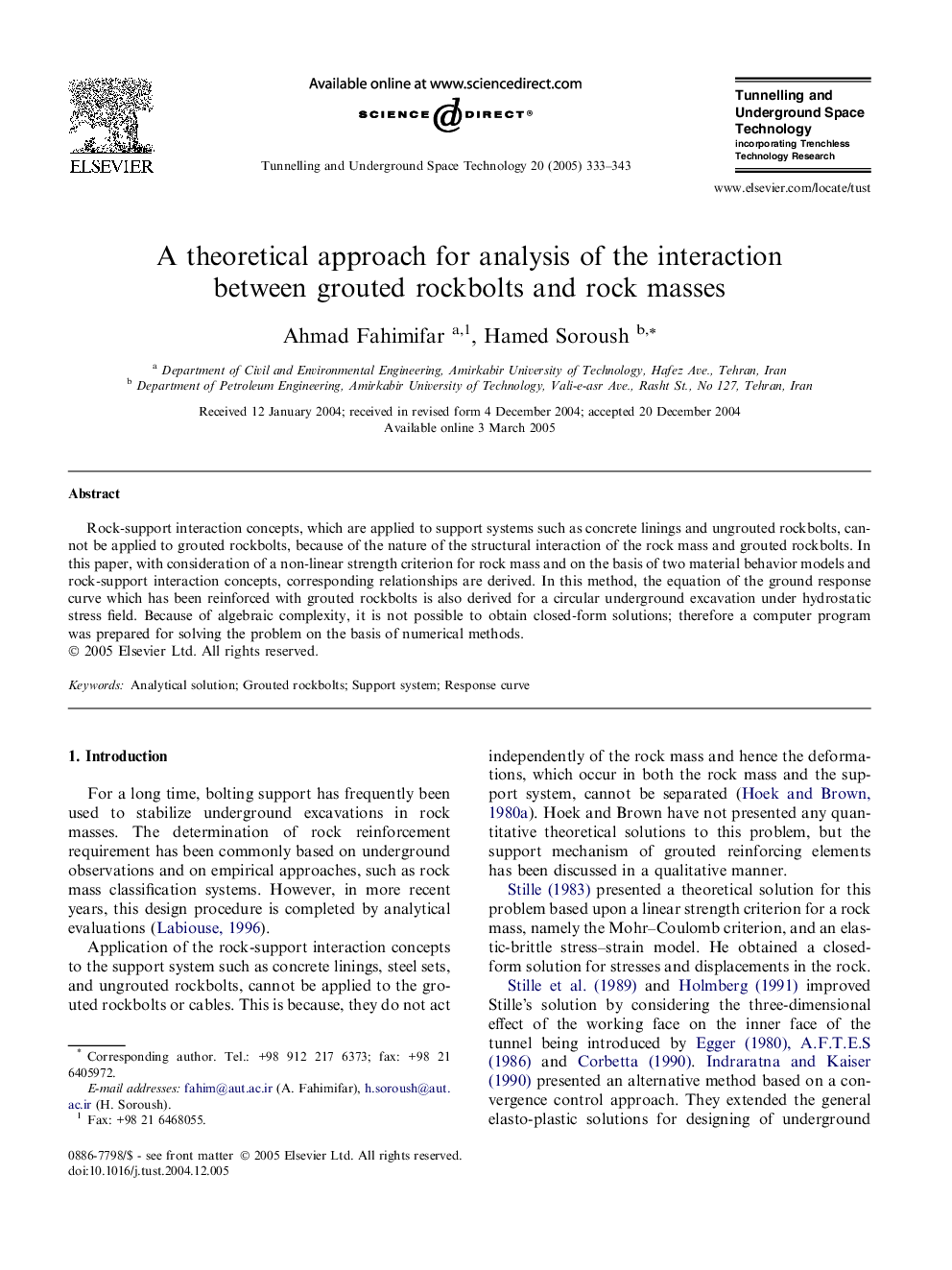 A theoretical approach for analysis of the interaction between grouted rockbolts and rock masses