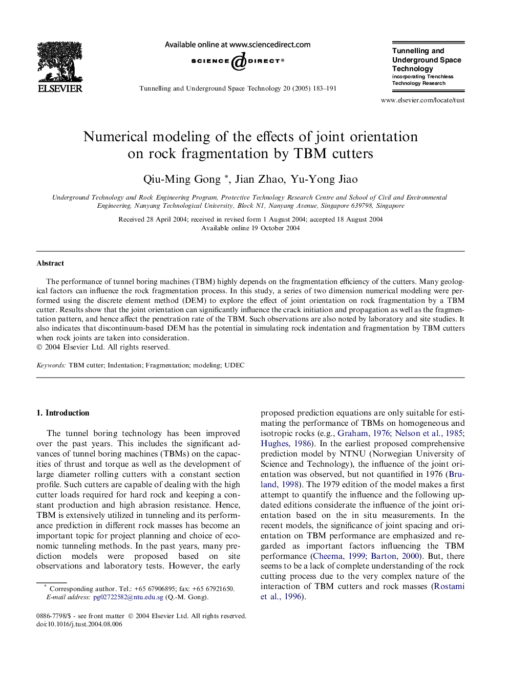 Numerical modeling of the effects of joint orientation on rock fragmentation by TBM cutters