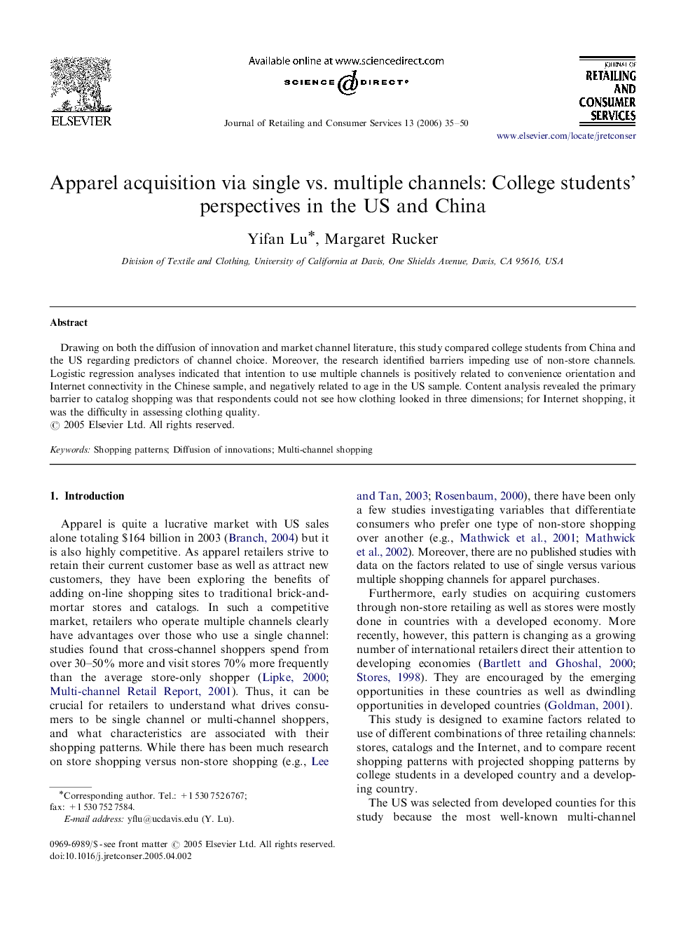 Apparel acquisition via single vs. multiple channels: College students’ perspectives in the US and China