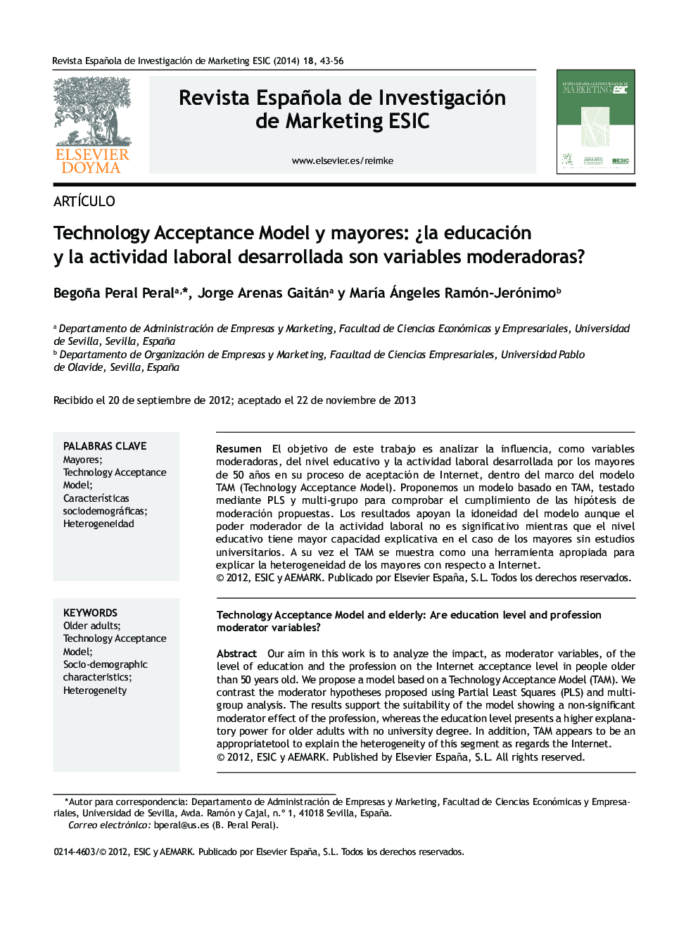 Technology Acceptance Model y mayores: ¿la educación y la actividad laboral desarrollada son variables moderadoras?