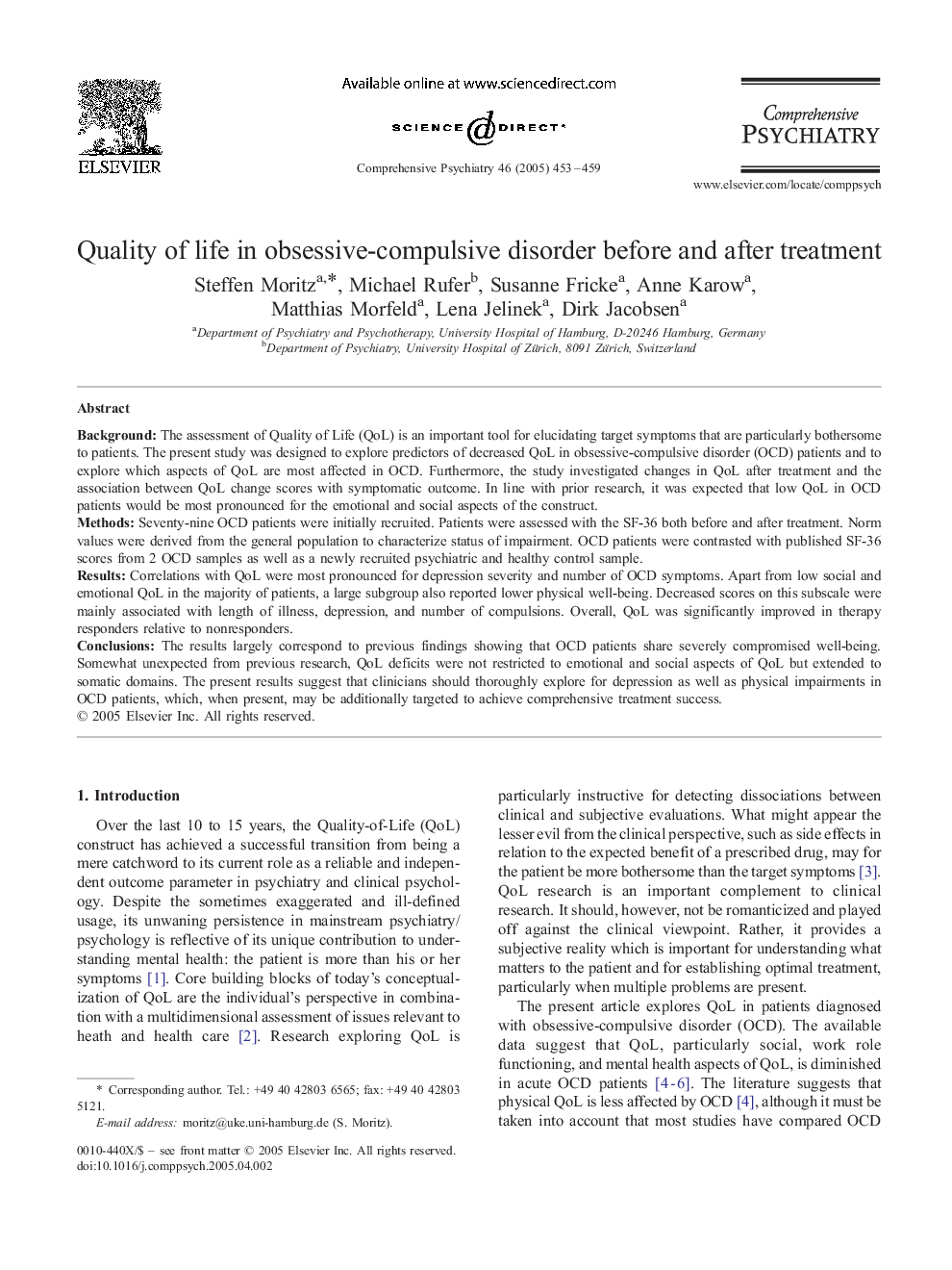 Quality of life in obsessive-compulsive disorder before and after treatment