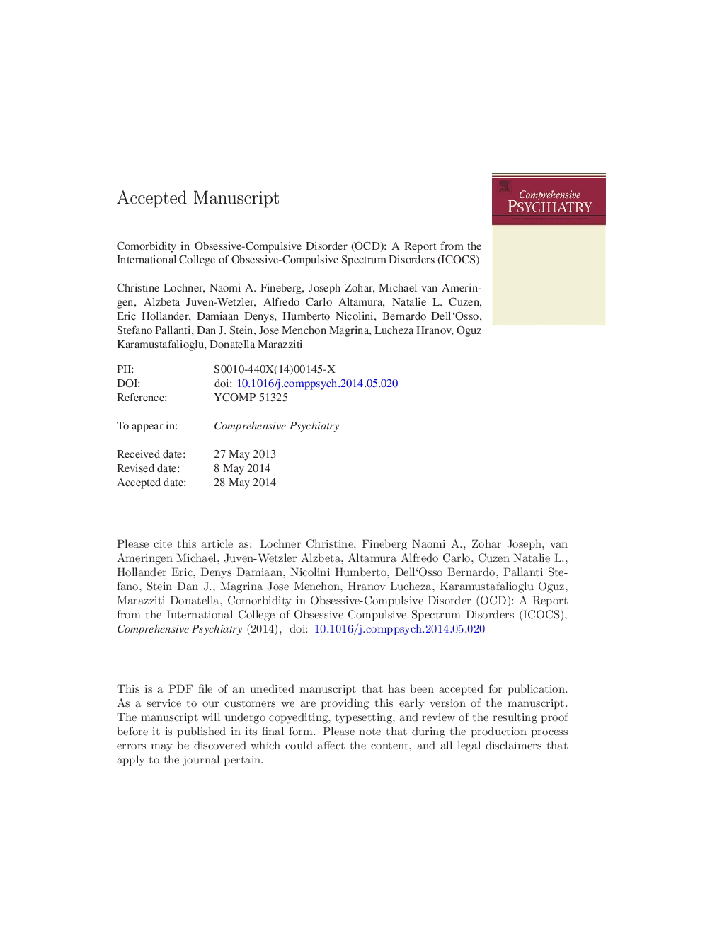 Comorbidity in obsessive-compulsive disorder (OCD): A report from the International College of Obsessive-Compulsive Spectrum Disorders (ICOCS)