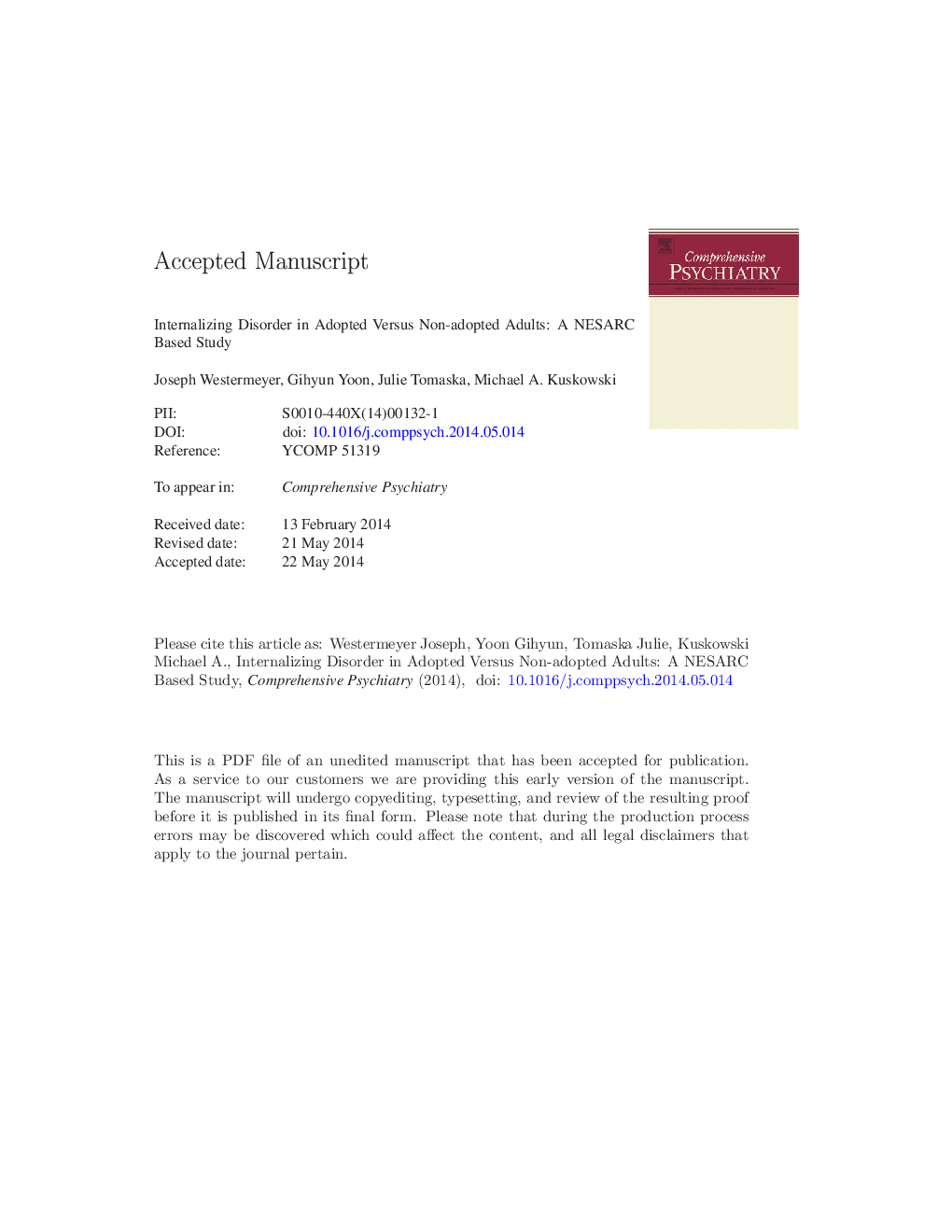 Internalizing disorder in adopted versus non-adopted adults: A NESARC based study