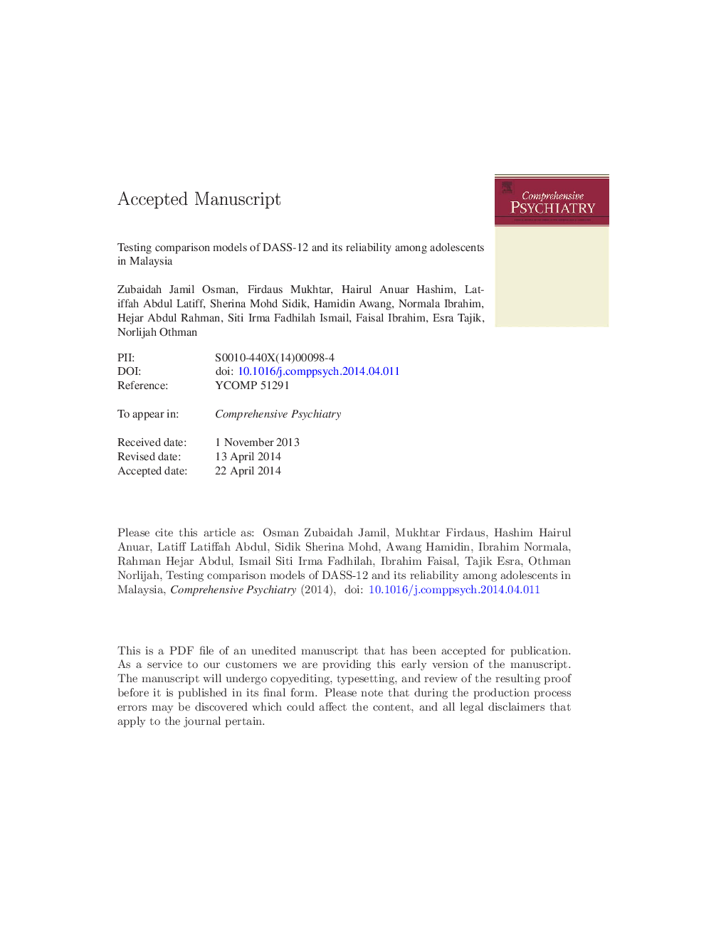 Testing comparison models of DASS-12 and its reliability among adolescents in Malaysia