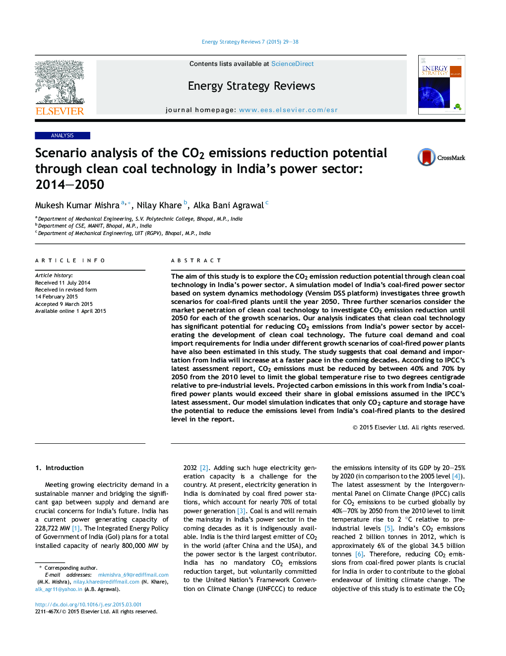 Scenario analysis of the CO2 emissions reduction potential through clean coal technology in India's power sector: 2014–2050