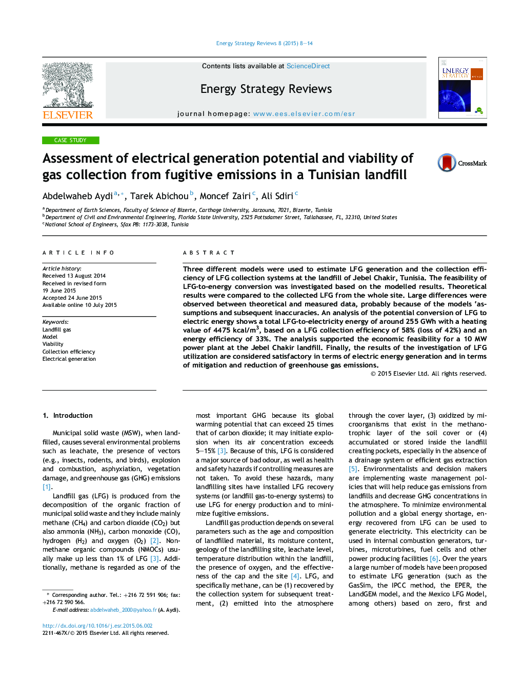 Assessment of electrical generation potential and viability of gas collection from fugitive emissions in a Tunisian landfill