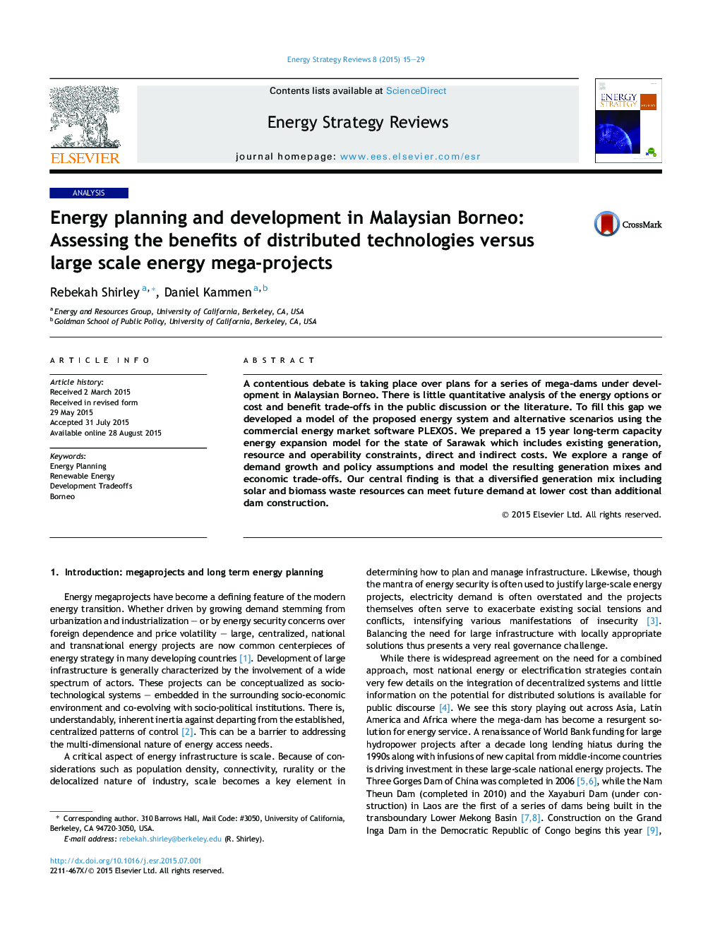 عکس صفحه اول مقاله: Energy planning and development in Malaysian Borneo: Assessing the benefits of distributed technologies versus large scale energy mega-projects Energy planning and development in Malaysian Borneo: Assessing the benefits of distributed technologies versus large scale energy mega-projects