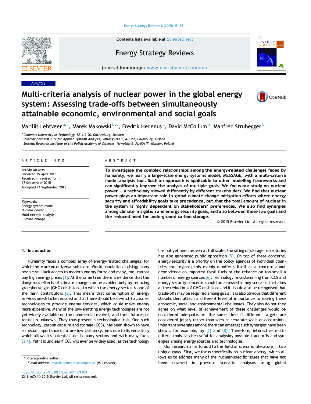 Multi-criteria analysis of nuclear power in the global energy system: Assessing trade-offs between simultaneously attainable economic, environmental and social goals