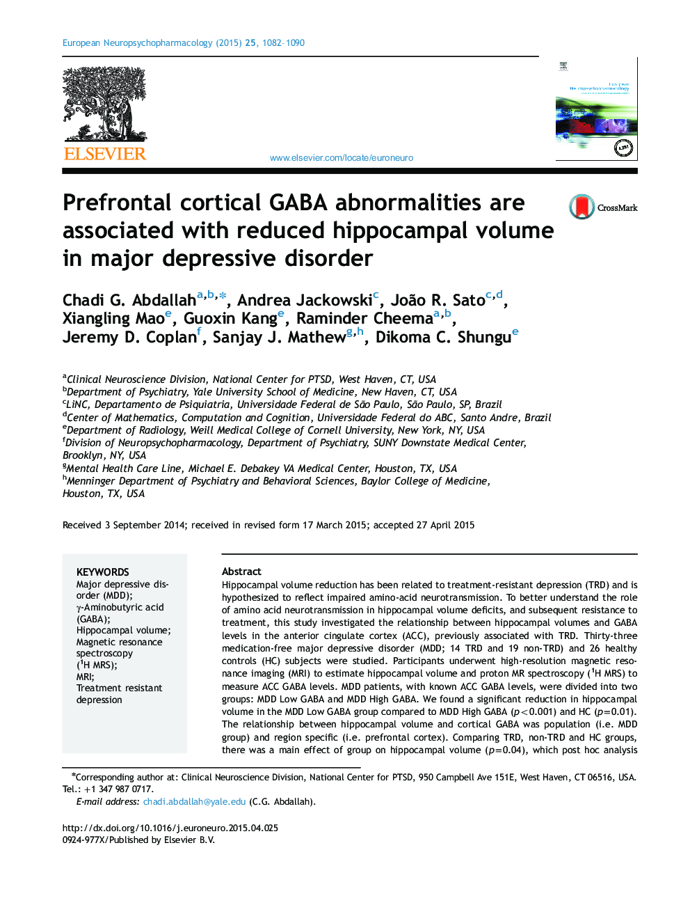Prefrontal cortical GABA abnormalities are associated with reduced hippocampal volume in major depressive disorder