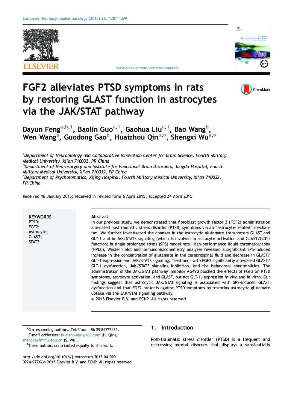 FGF2 alleviates PTSD symptoms in rats by restoring GLAST function in astrocytes via the JAK/STAT pathway