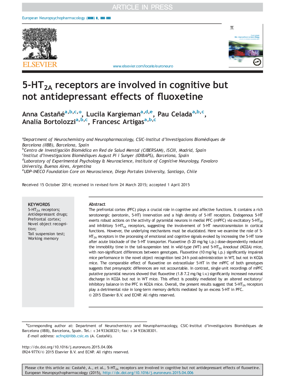 5-HT2A receptors are involved in cognitive but not antidepressant effects of fluoxetine