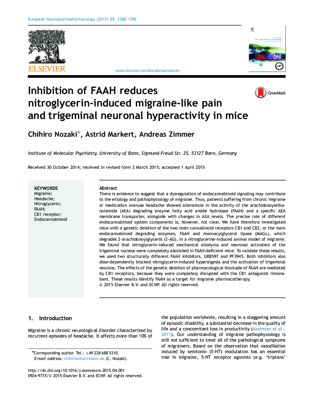Inhibition of FAAH reduces nitroglycerin-induced migraine-like pain and trigeminal neuronal hyperactivity in mice