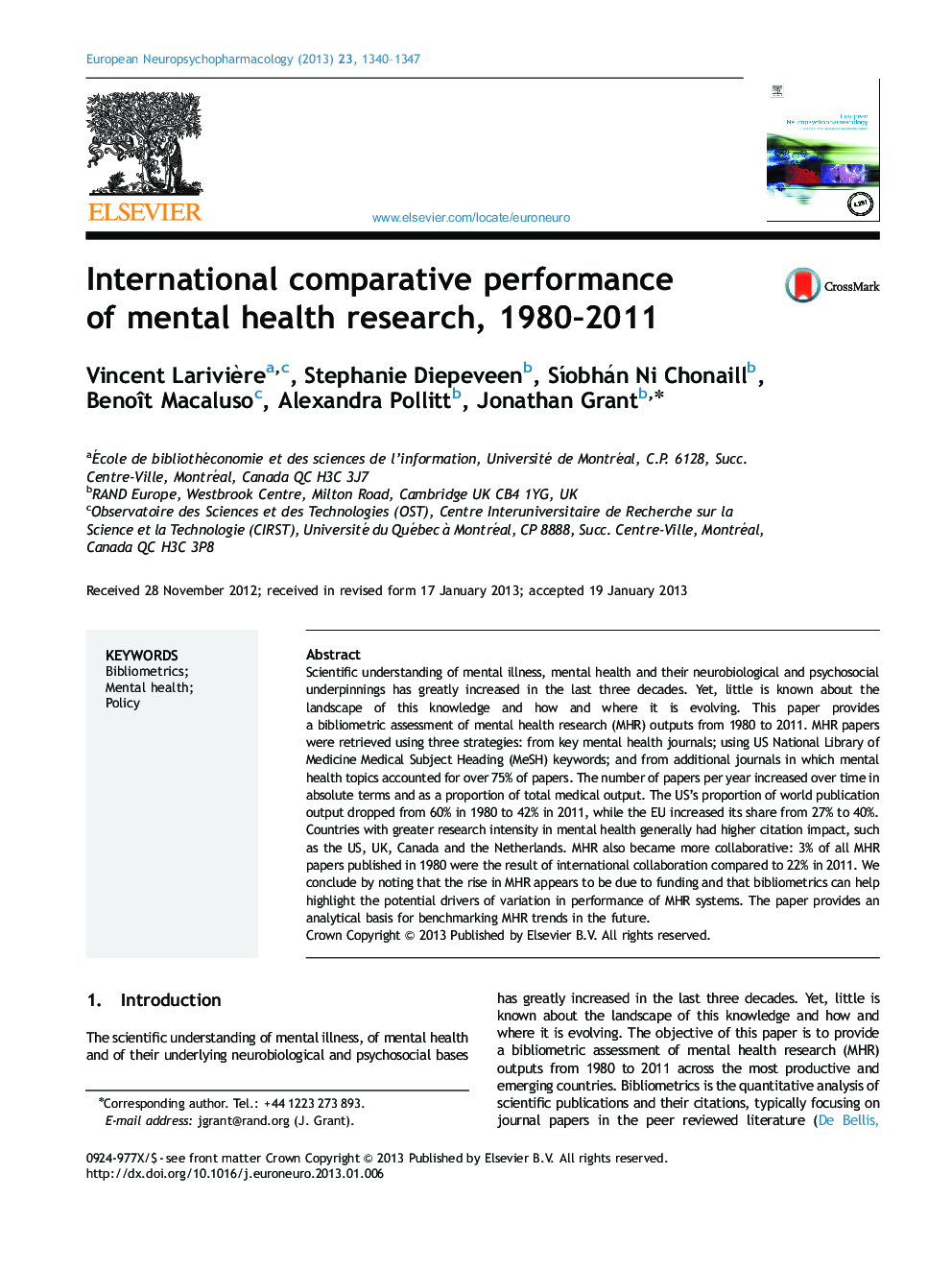 International comparative performance of mental health research, 1980-2011