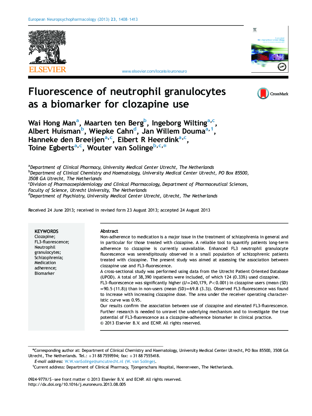 Fluorescence of neutrophil granulocytes as a biomarker for clozapine use