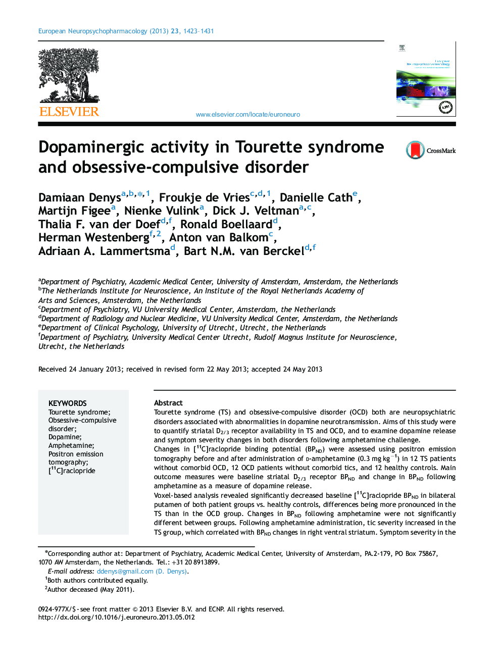 Dopaminergic activity in Tourette syndrome and obsessive-compulsive disorder