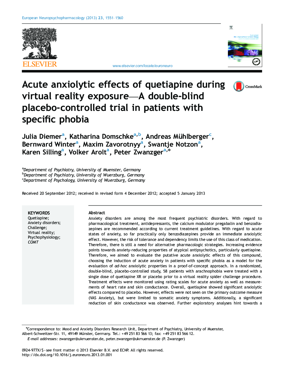 Acute anxiolytic effects of quetiapine during virtual reality exposure-A double-blind placebo-controlled trial in patients with specific phobia