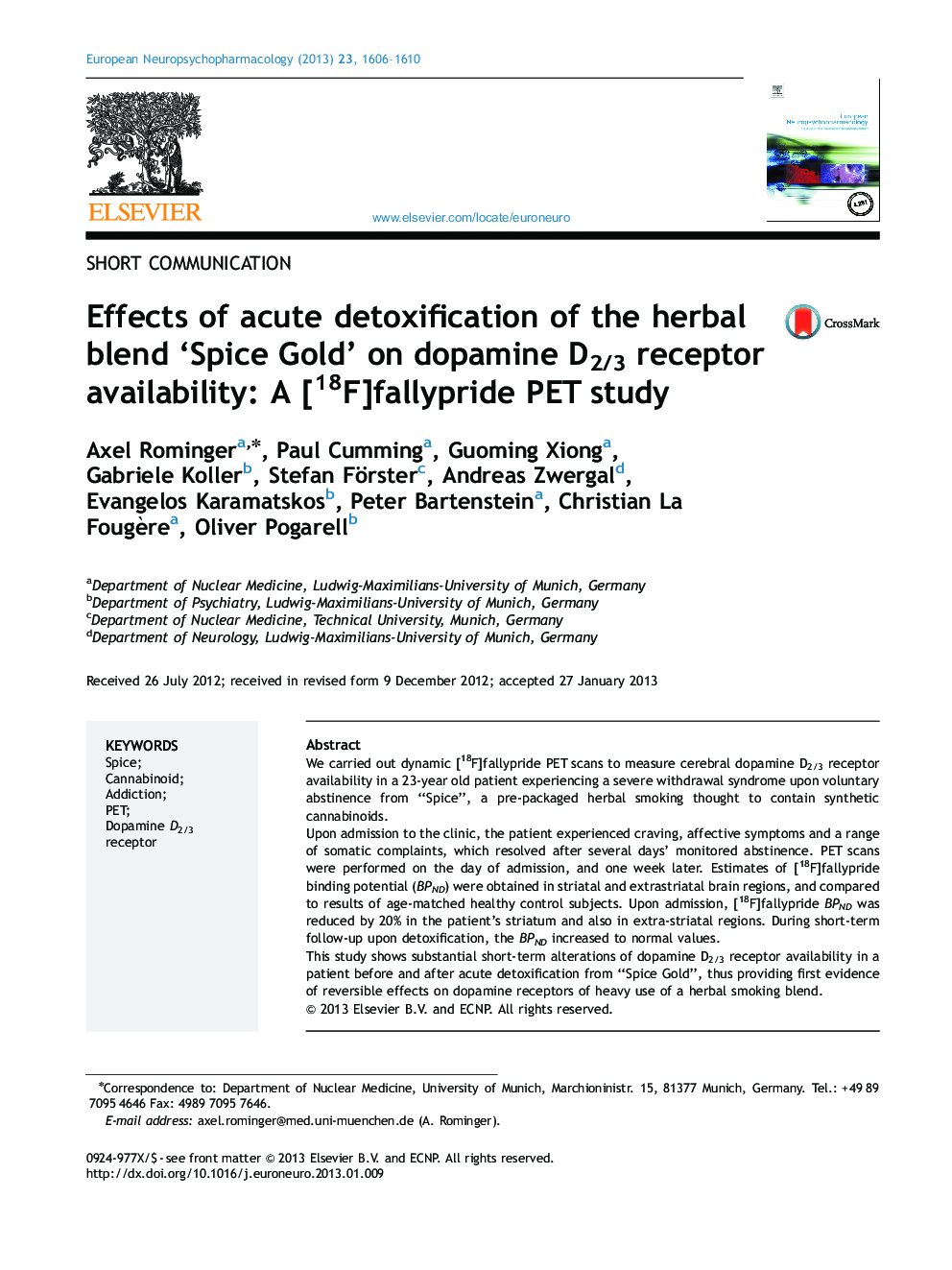 Effects of acute detoxification of the herbal blend 'Spice Gold' on dopamine D2/3 receptor availability: A [18F]fallypride PET study