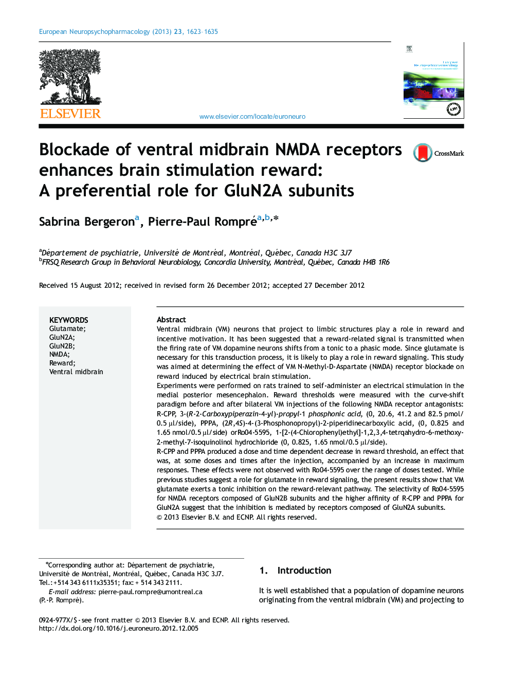 Blockade of ventral midbrain NMDA receptors enhances brain stimulation reward: A preferential role for GluN2A subunits