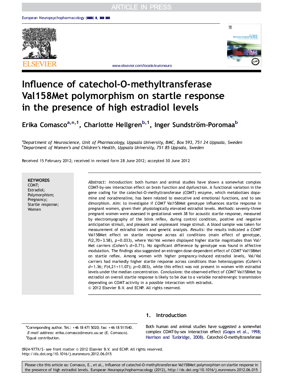 Influence of catechol-O-methyltransferase Val158Met polymorphism on startle response in the presence of high estradiol levels