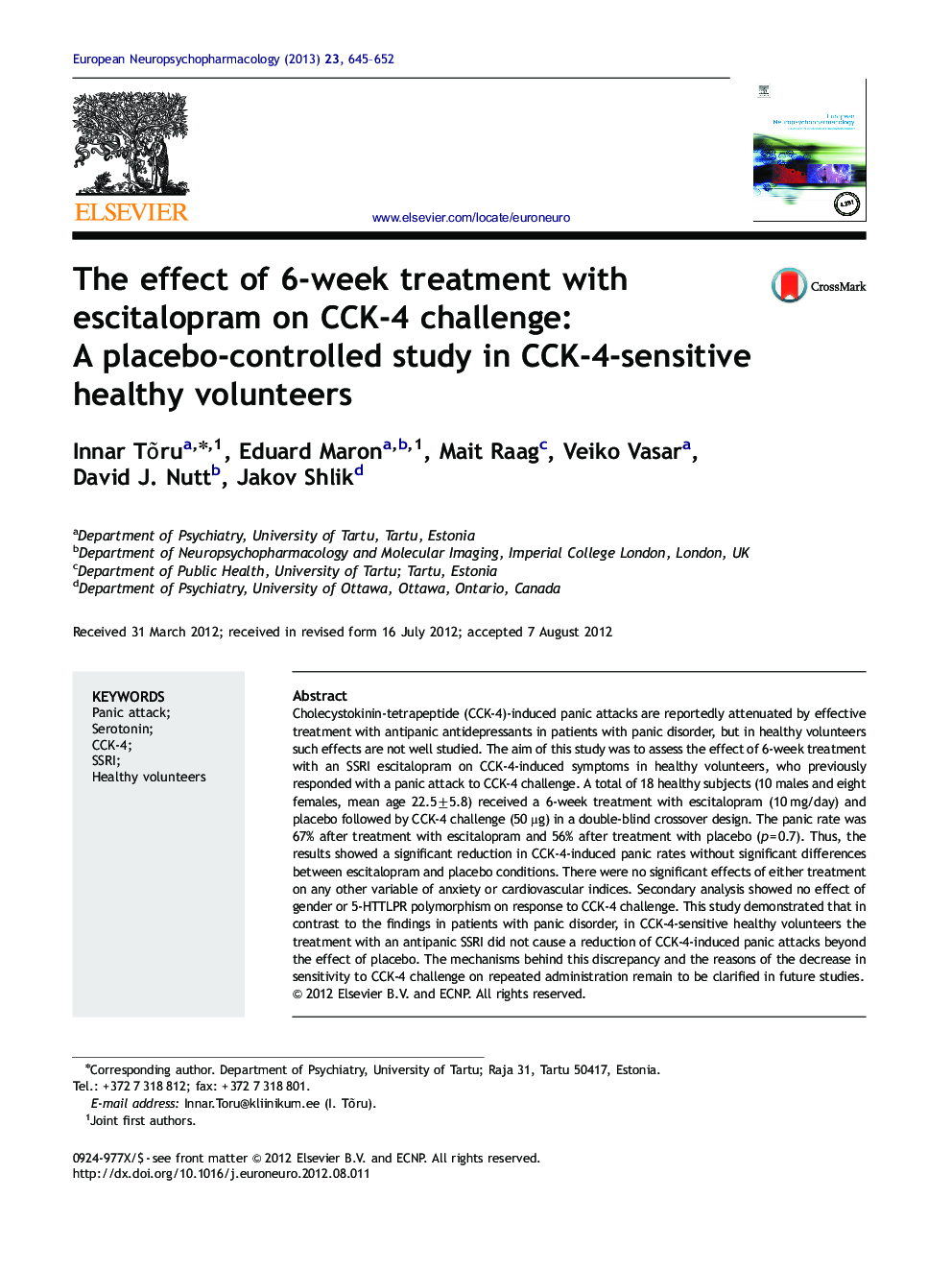 The effect of 6-week treatment with escitalopram on CCK-4 challenge: A placebo-controlled study in CCK-4-sensitive healthy volunteers
