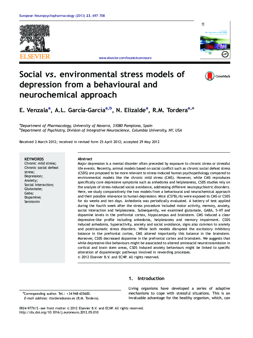 Social vs. environmental stress models of depression from a behavioural and neurochemical approach