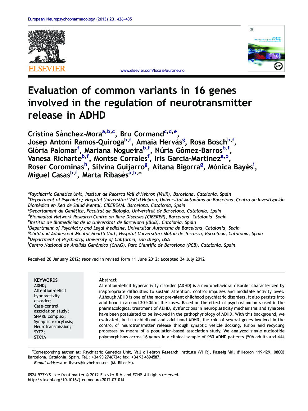 Evaluation of common variants in 16 genes involved in the regulation of neurotransmitter release in ADHD