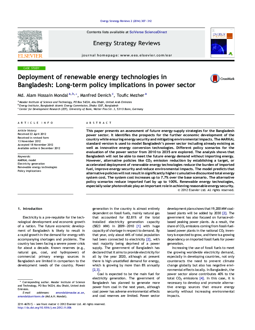 Deployment of renewable energy technologies in Bangladesh: Long-term policy implications in power sector