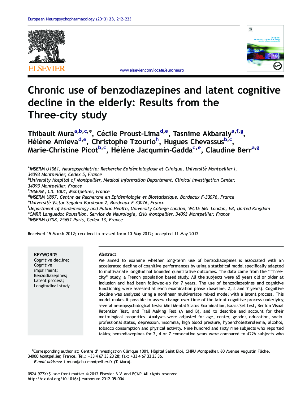 Chronic use of benzodiazepines and latent cognitive decline in the elderly: Results from the Three-city study