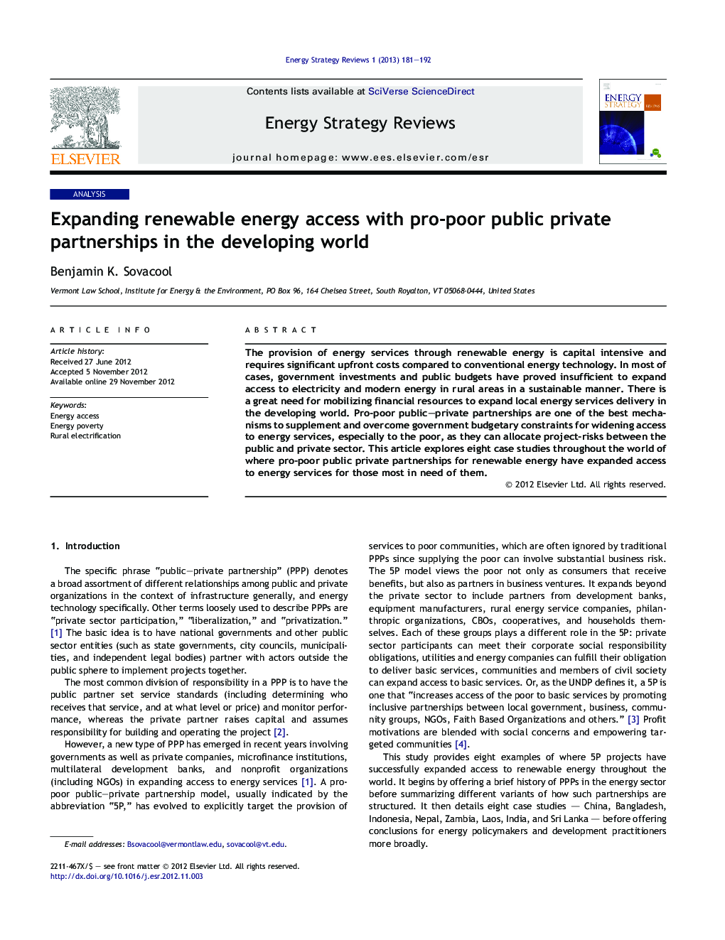 Expanding renewable energy access with pro-poor public private partnerships in the developing world