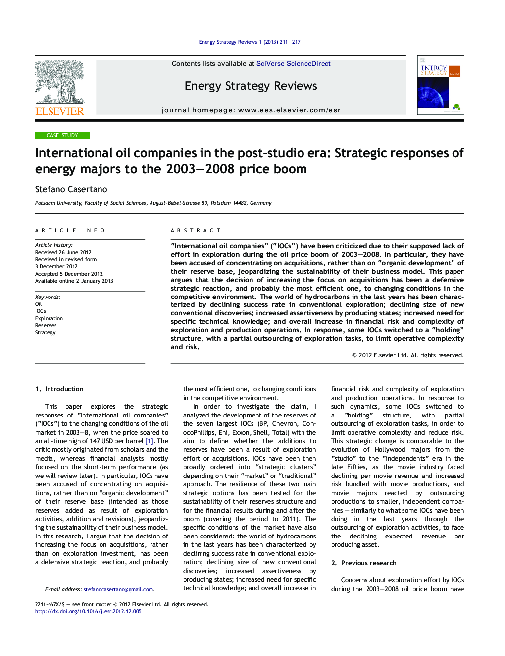 International oil companies in the post-studio era: Strategic responses of energy majors to the 2003–2008 price boom