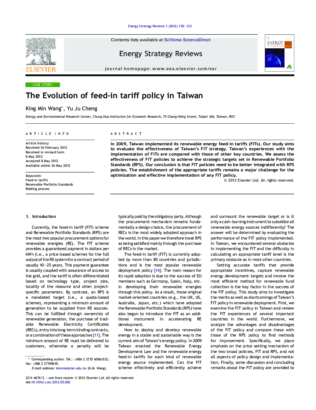 The Evolution of feed-in tariff policy in Taiwan