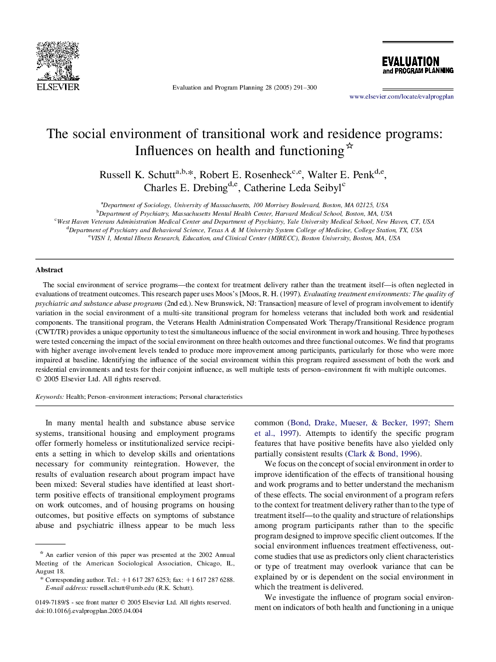 The social environment of transitional work and residence programs: Influences on health and functioning