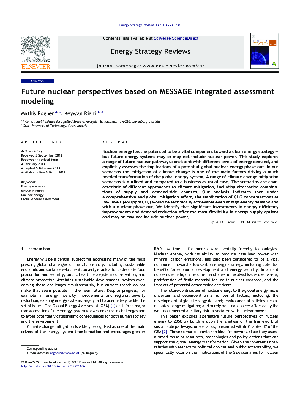 Future nuclear perspectives based on MESSAGE integrated assessment modeling