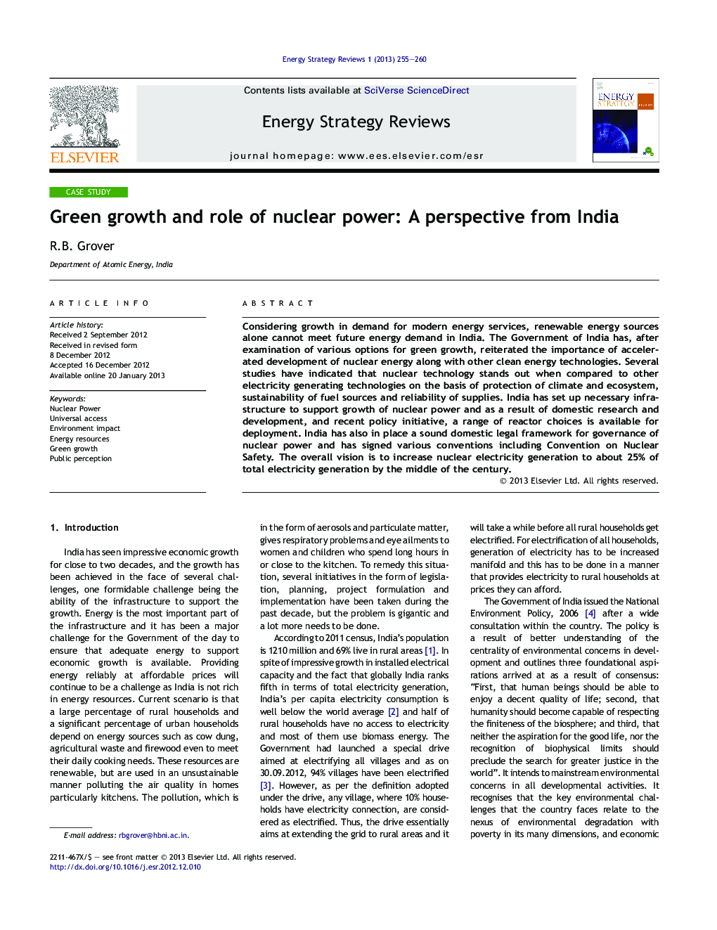 Green growth and role of nuclear power: A perspective from India