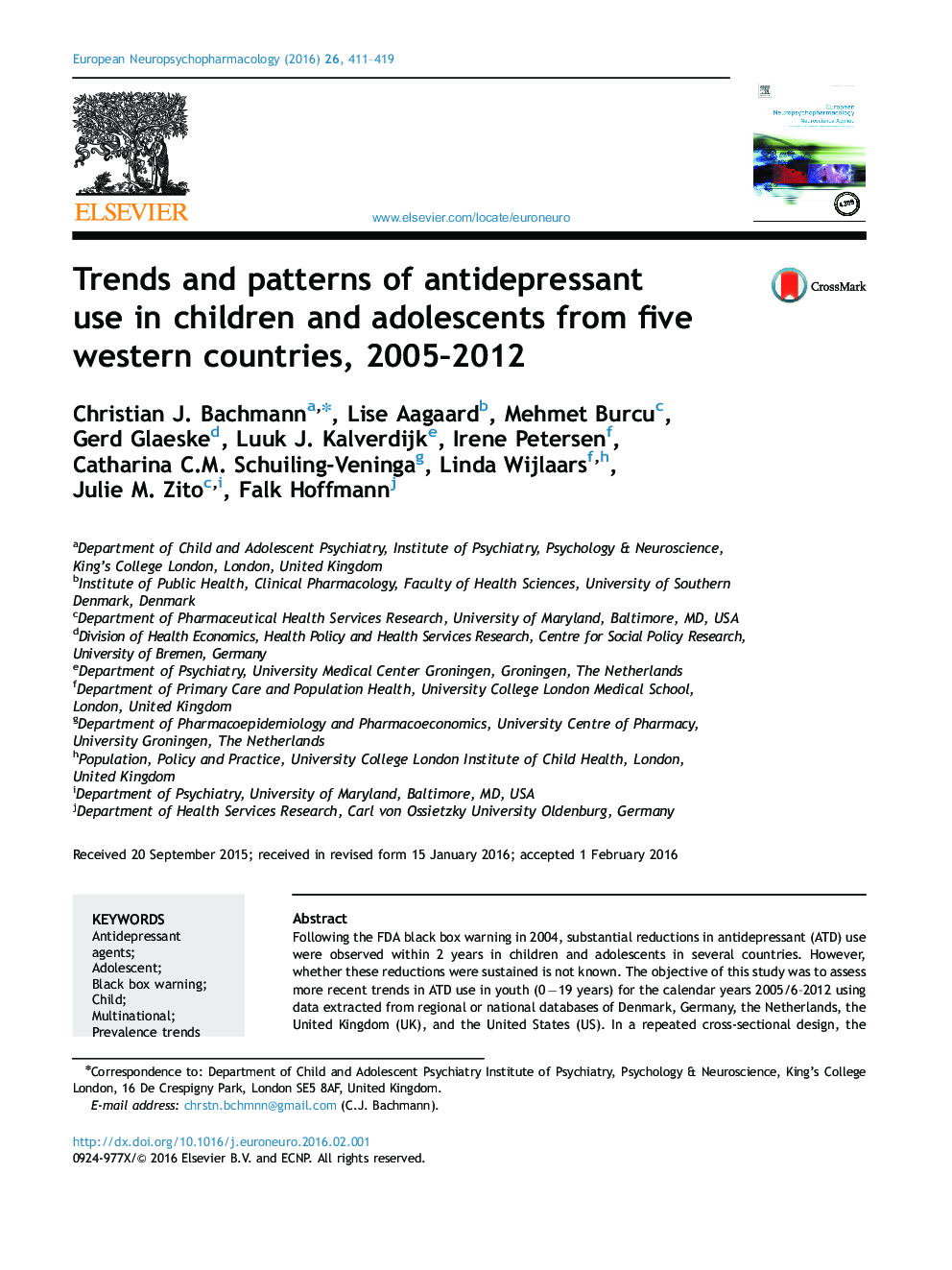 روند و الگوهای استفاده از داروهای ضد افسردگی در کودکان و نوجوانان از پنج کشور غربی، 2005-2012 