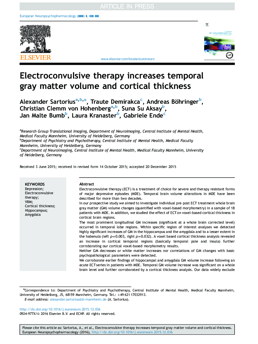 Electroconvulsive therapy increases temporal gray matter volume and cortical thickness