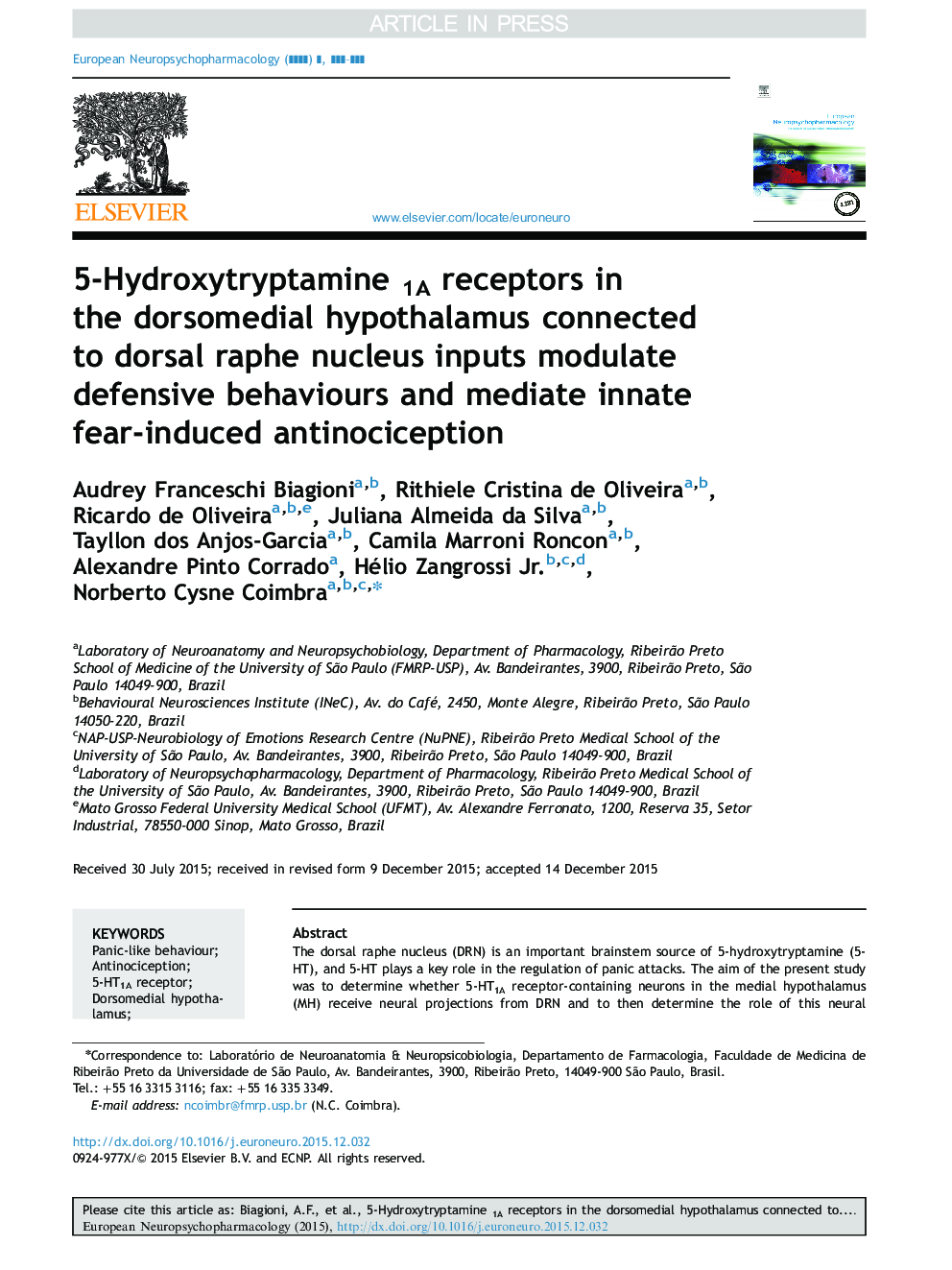5-Hydroxytryptamine 1A receptors in the dorsomedial hypothalamus connected to dorsal raphe nucleus inputs modulate defensive behaviours and mediate innate fear-induced antinociception