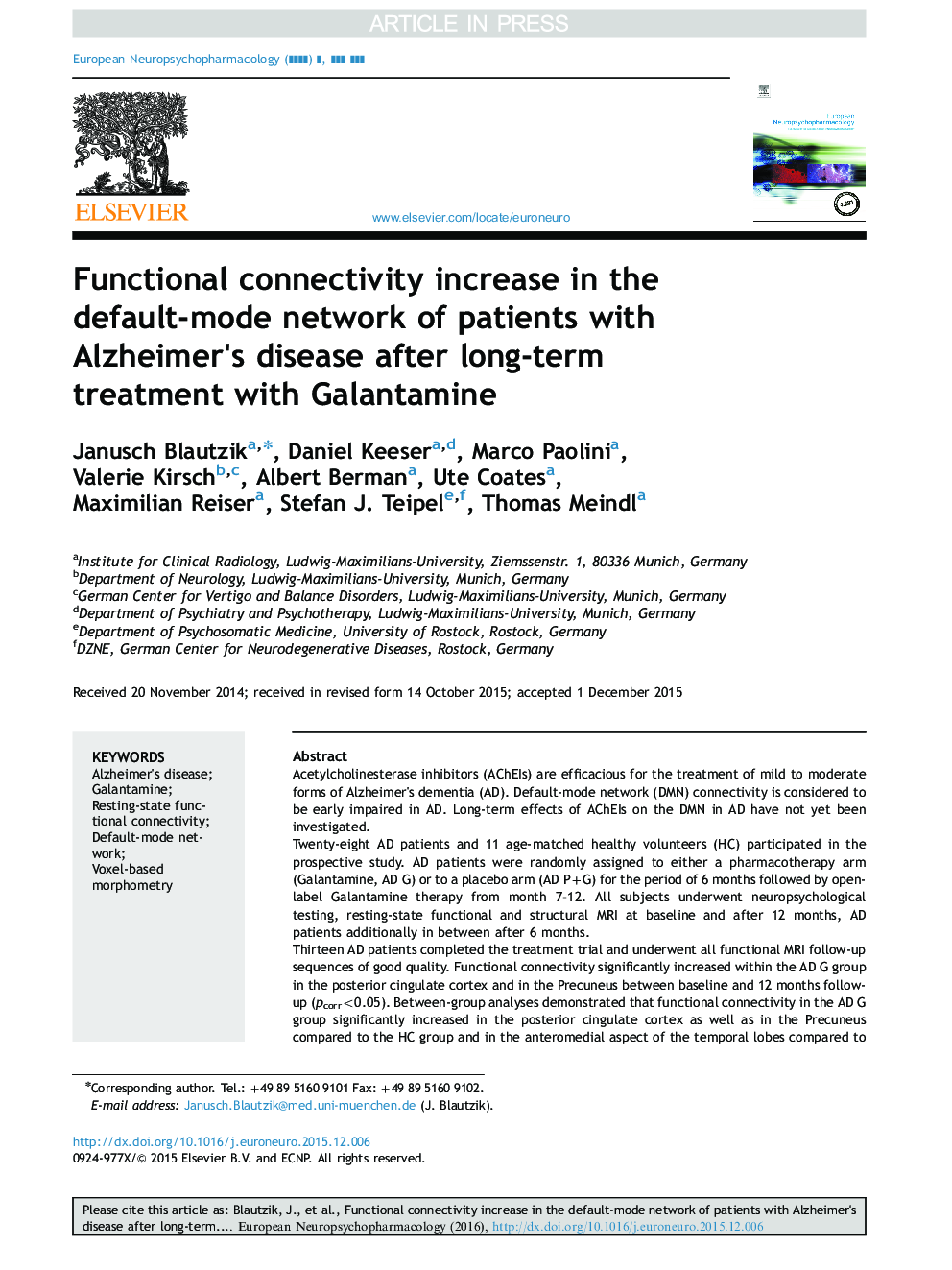 Functional connectivity increase in the default-mode network of patients with Alzheimer×³s disease after long-term treatment with Galantamine