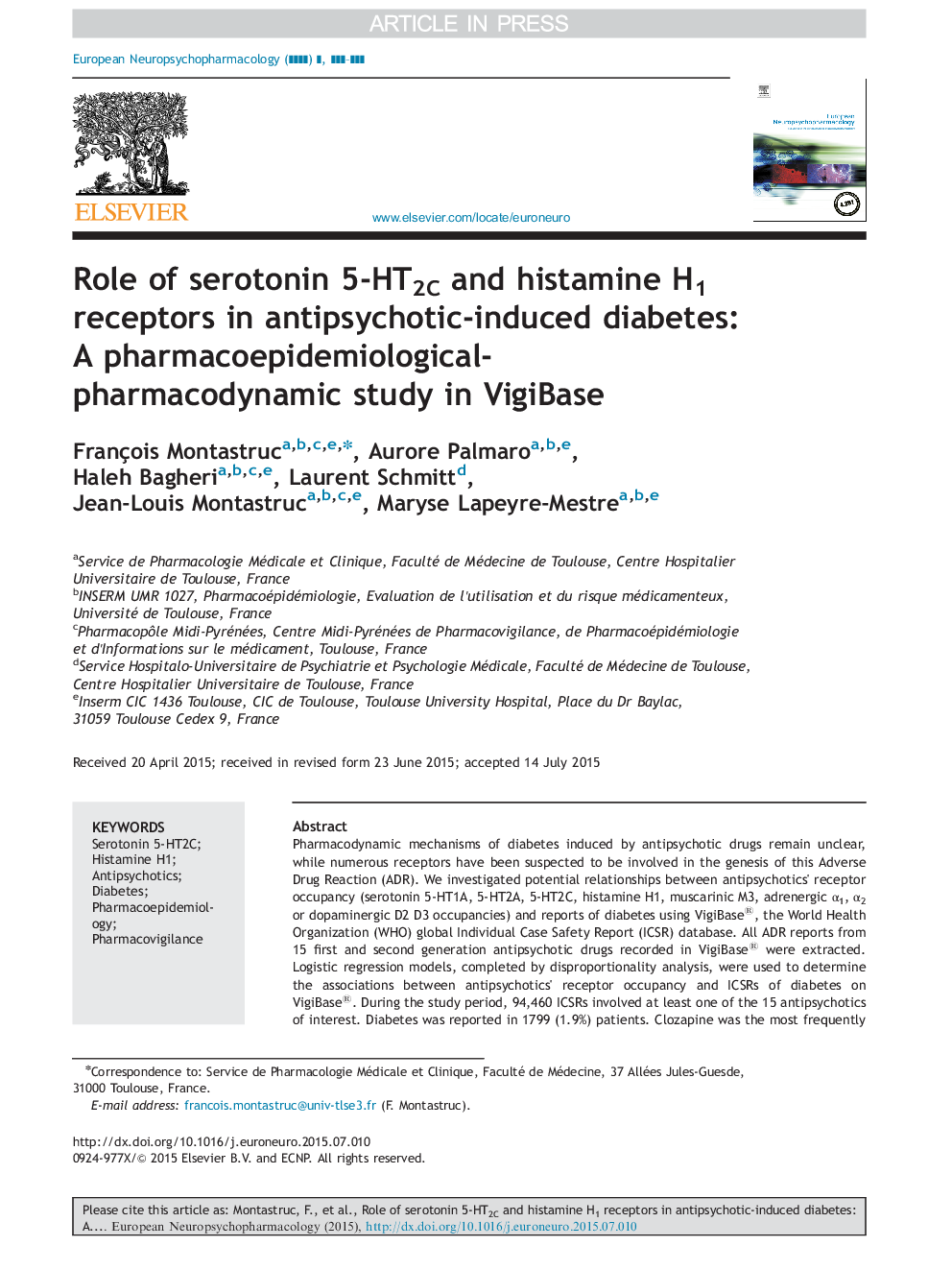 Role of serotonin 5-HT2C and histamine H1 receptors in antipsychotic-induced diabetes: A pharmacoepidemiological-pharmacodynamic study in VigiBase