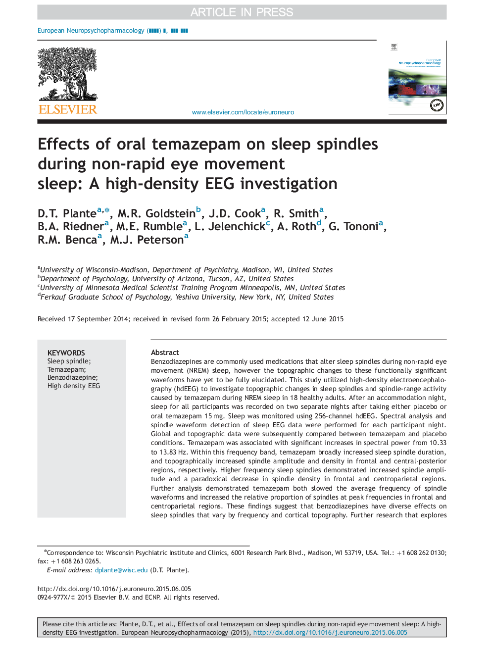 Effects of oral temazepam on sleep spindles during non-rapid eye movement sleep: A high-density EEG investigation