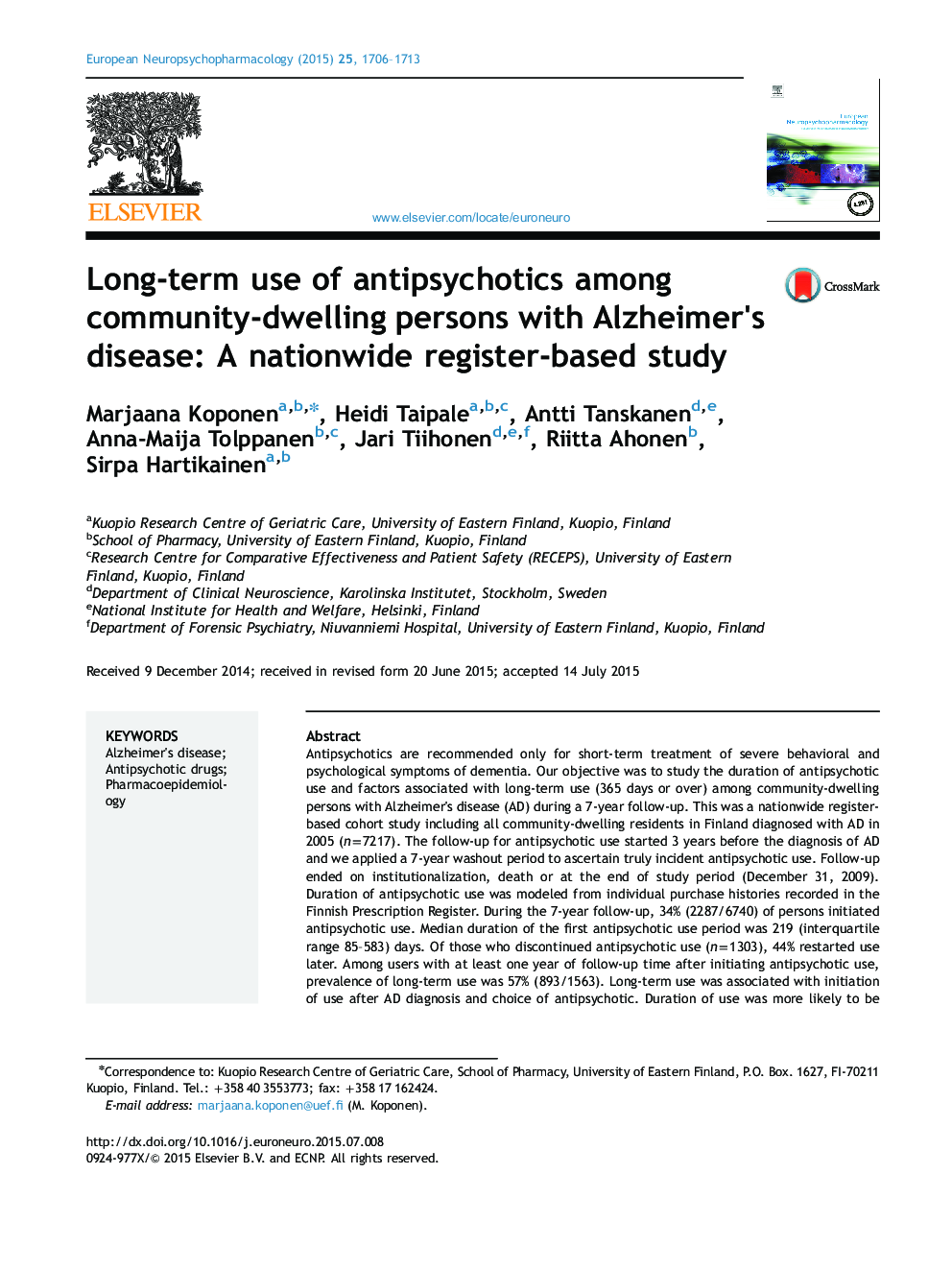Long-term use of antipsychotics among community-dwelling persons with Alzheimer×³s disease: A nationwide register-based study