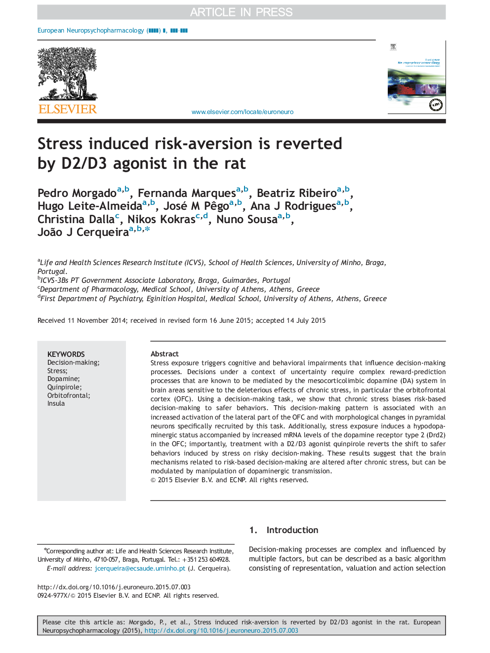 Stress induced risk-aversion is reverted by D2/D3 agonist in the rat