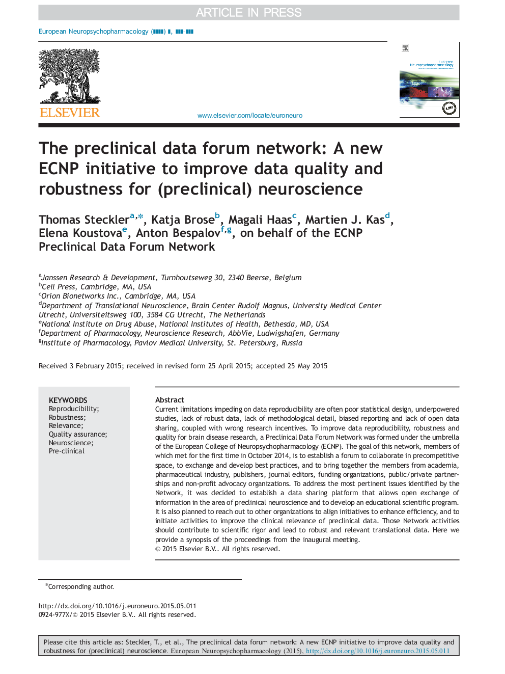 The preclinical data forum network: A new ECNP initiative to improve data quality and robustness for (preclinical) neuroscience