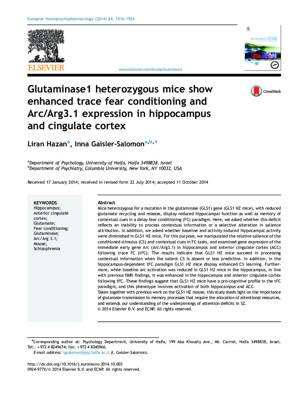 Glutaminase1 heterozygous mice show enhanced trace fear conditioning and Arc/Arg3.1 expression in hippocampus and cingulate cortex