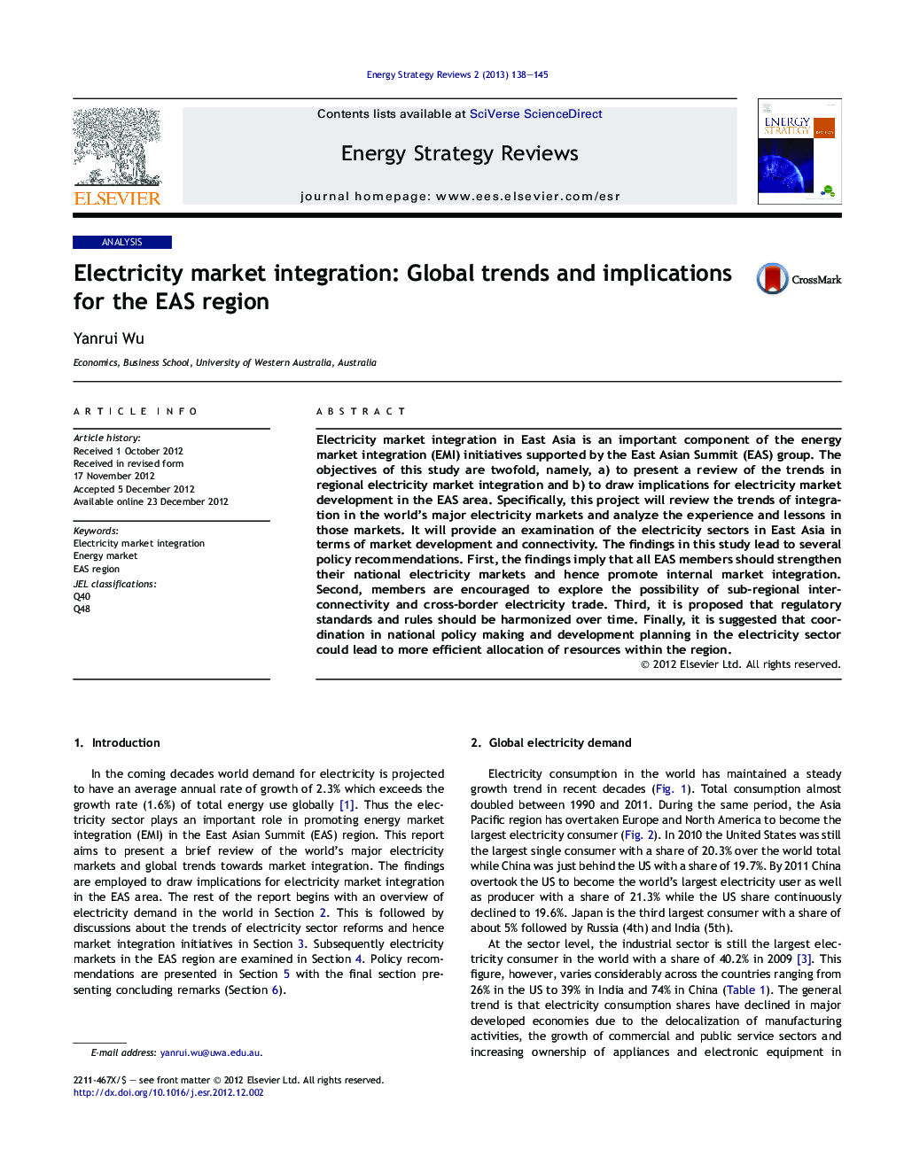 Electricity market integration: Global trends and implications for the EAS region