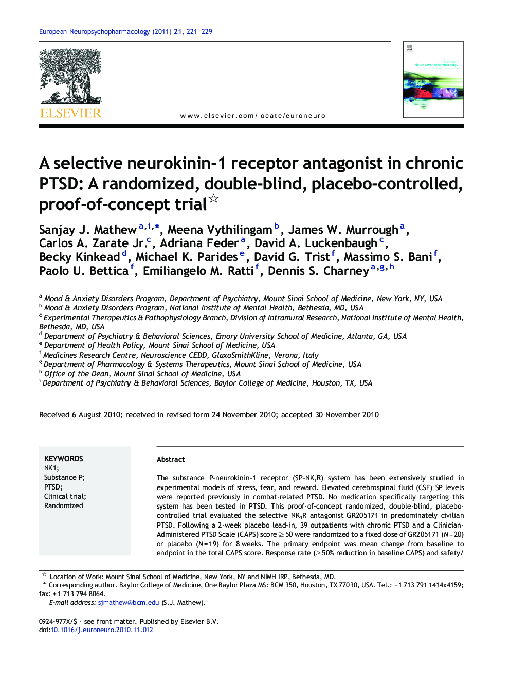 A selective neurokinin-1 receptor antagonist in chronic PTSD: A randomized, double-blind, placebo-controlled, proof-of-concept trial