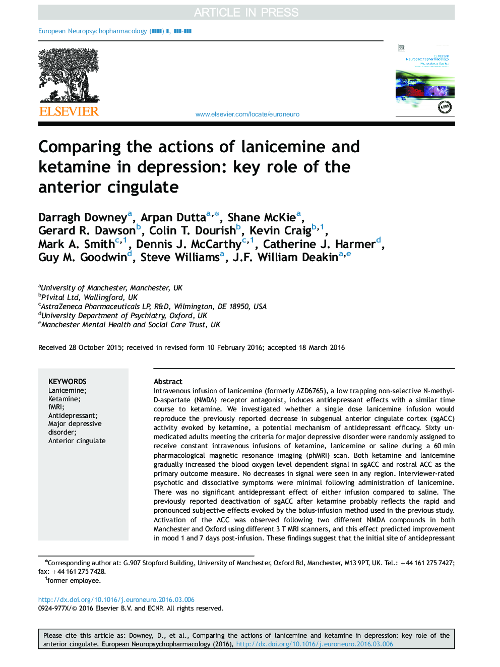 Comparing the actions of lanicemine and ketamine in depression: key role of the anterior cingulate